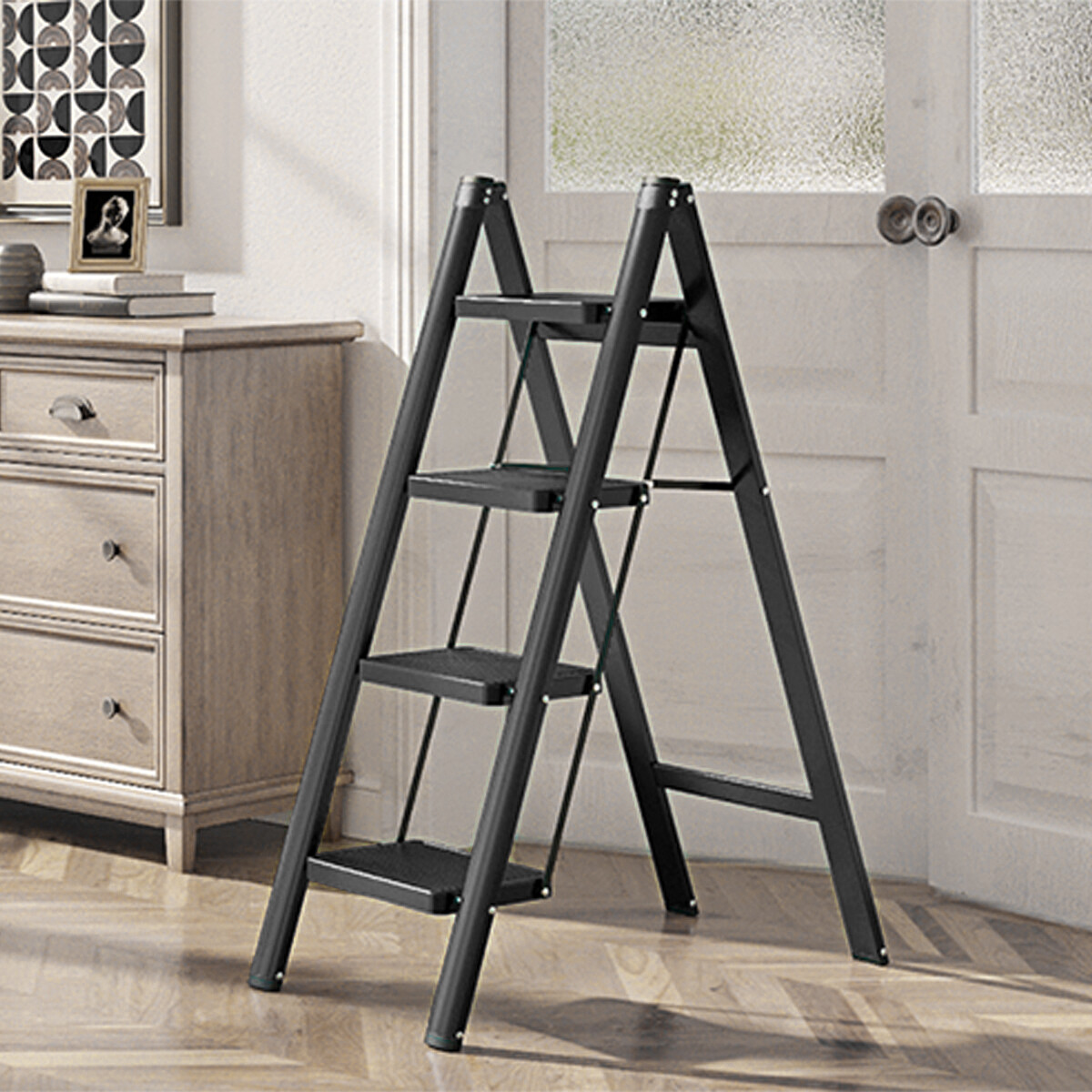 Escalera De 4 Escalones Antidezlisante Y Plegable - Negro 