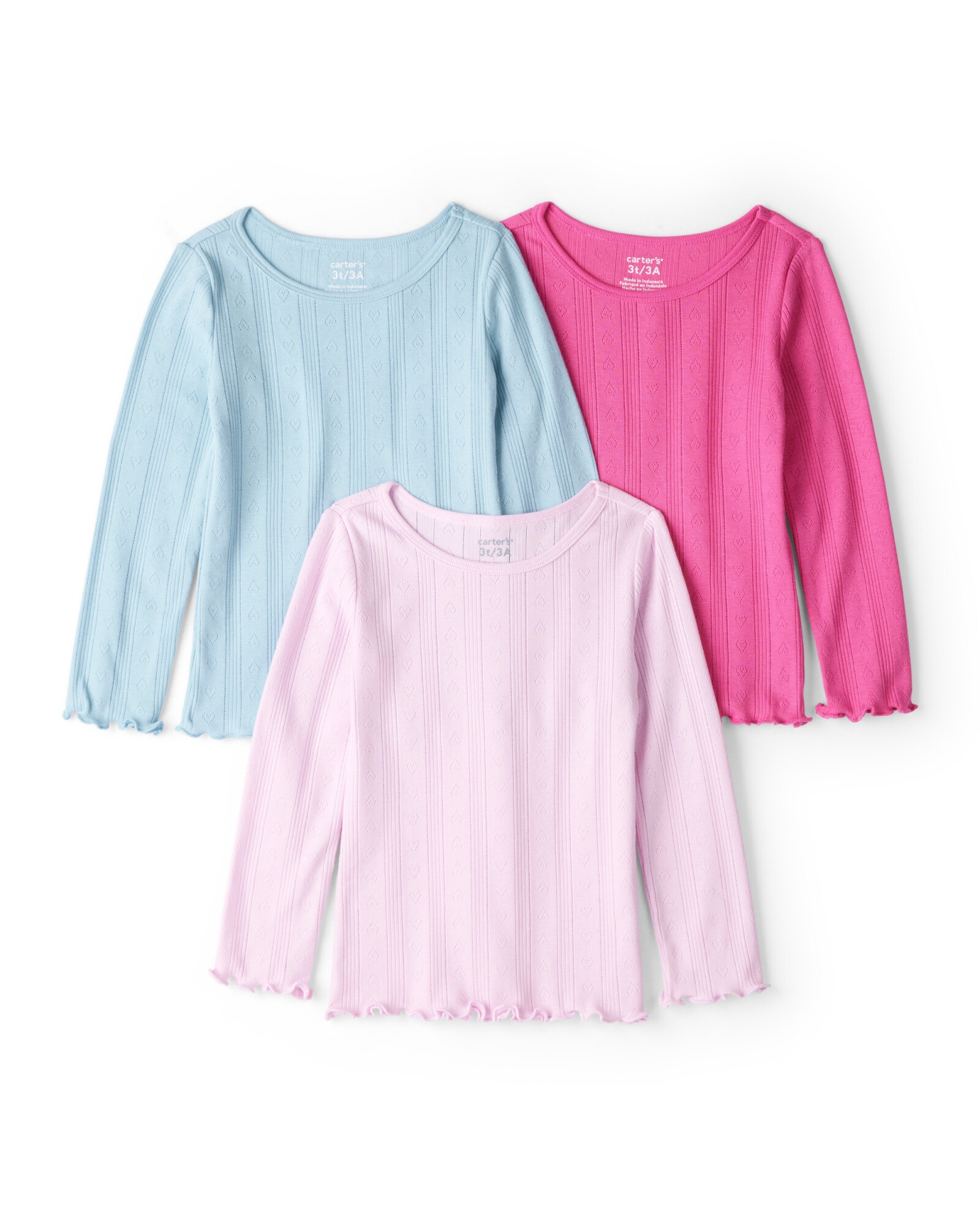 Pack tres remeras de algodón calado, dobladillo lechuga, azul y rosa Sin color