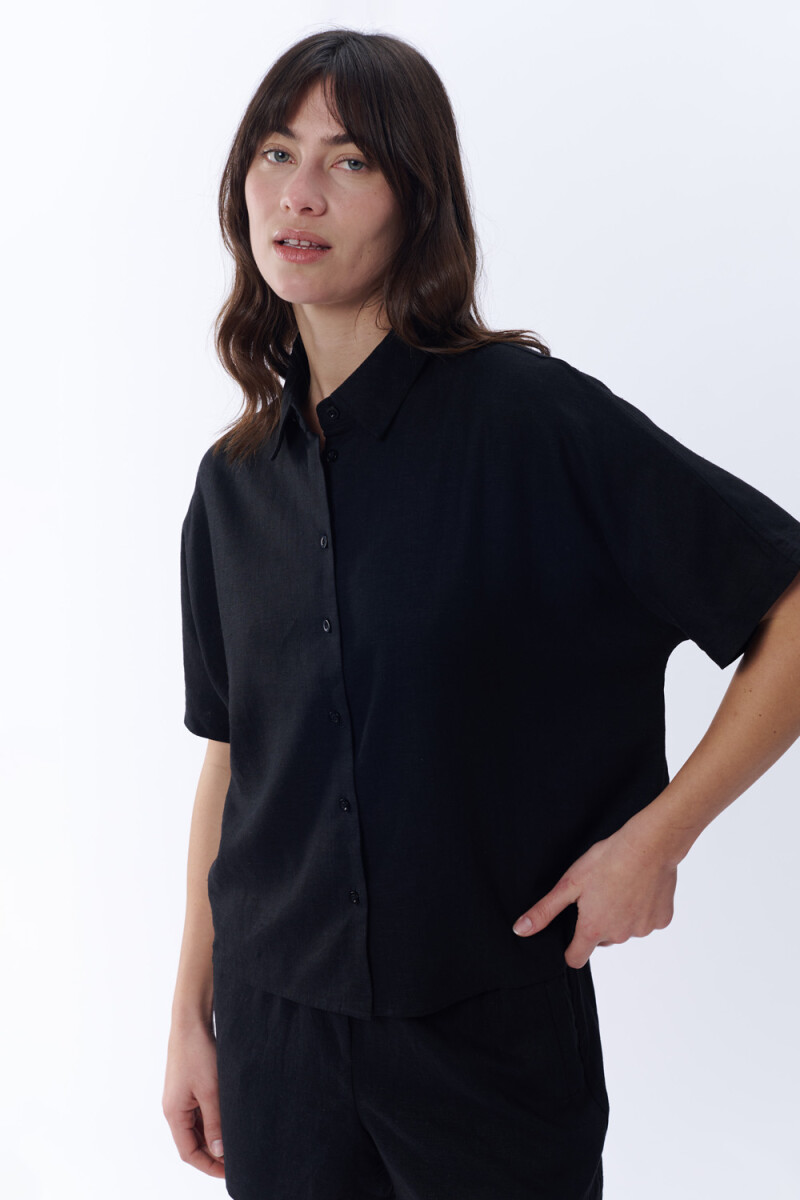 Camisa manga corta con lino Negro