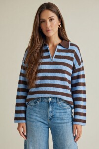 Sweater Polo Medio Cierre Rayado Chocolate