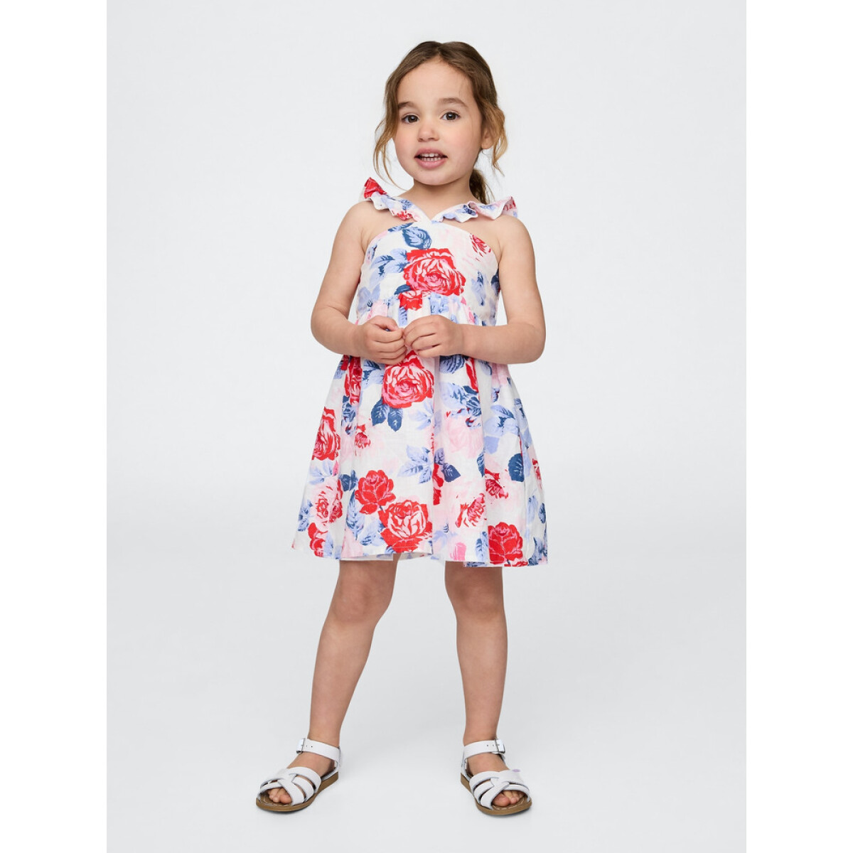 SL LINEN FLTR HALTER DRS - SP SU25 RED BLUE ROSES 