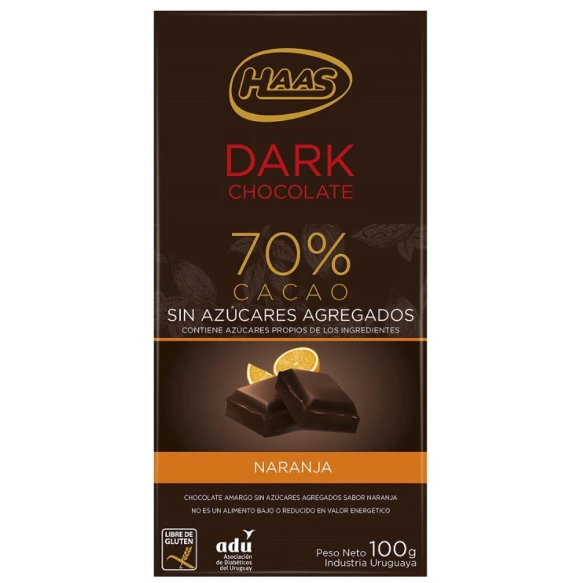 Tableta de Chocolate Amargo HAAS Dark 70% Cacao Sin Azúcar Naranja 100 GR 