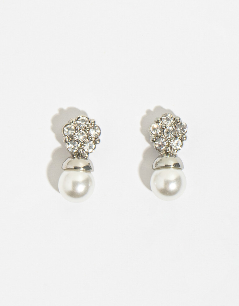 Aros Colgantes Cortos Perlas Aros Con Strass Y Perla - Plateado Rodio