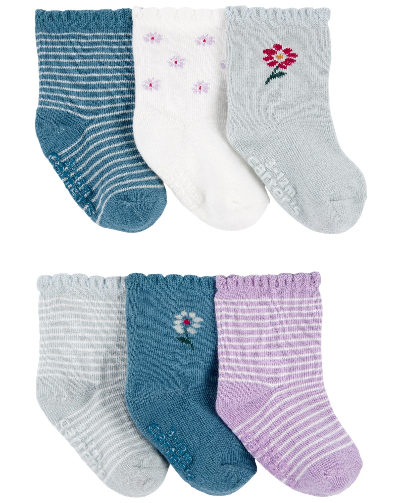 Pack seis pares de medias de algodón, diseño floral Sin color