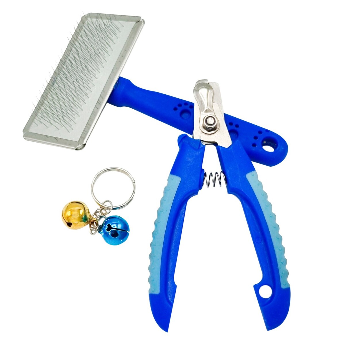 Kit Corta Uñas + Cepillo + Cascabel Mascota Perro Gato - Variante Diseño Azul/Azul 