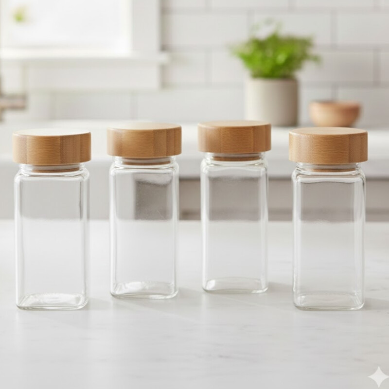 Frasco especiero con tapa de madera x4 TRANSPARENTE