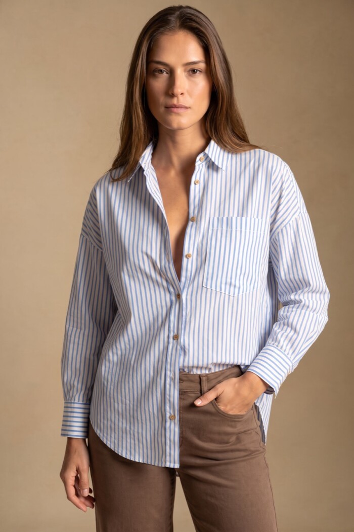 Camisa Rayada Con Lino Light Blue