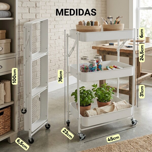 Carro Plegable Carrito Organizador de Metal con 3 Estantes y Ruedas Multiuso IMBACK Color Blanco Carro Plegable Carrito Organizador de Metal con 3 Estantes y Ruedas Multiuso IMBACK Color Blanco