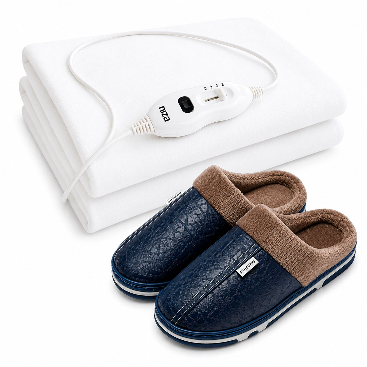 Set Pantufla Cuerina Unisex + Calienta Cama 1 Pza 3 Niveles - Azul Marino 