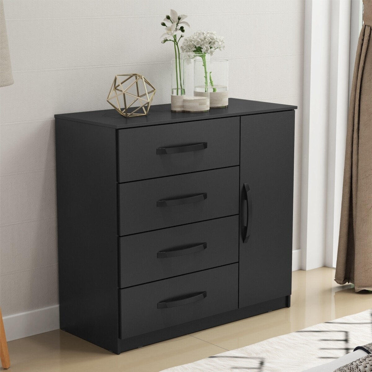 Cómoda Cajonera para Dormitorio de 4 Cajones y 1 Puerta en MDP - Negro 
