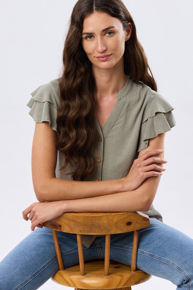 CAMISA DE LINO CON VOLADOS - Verde 
