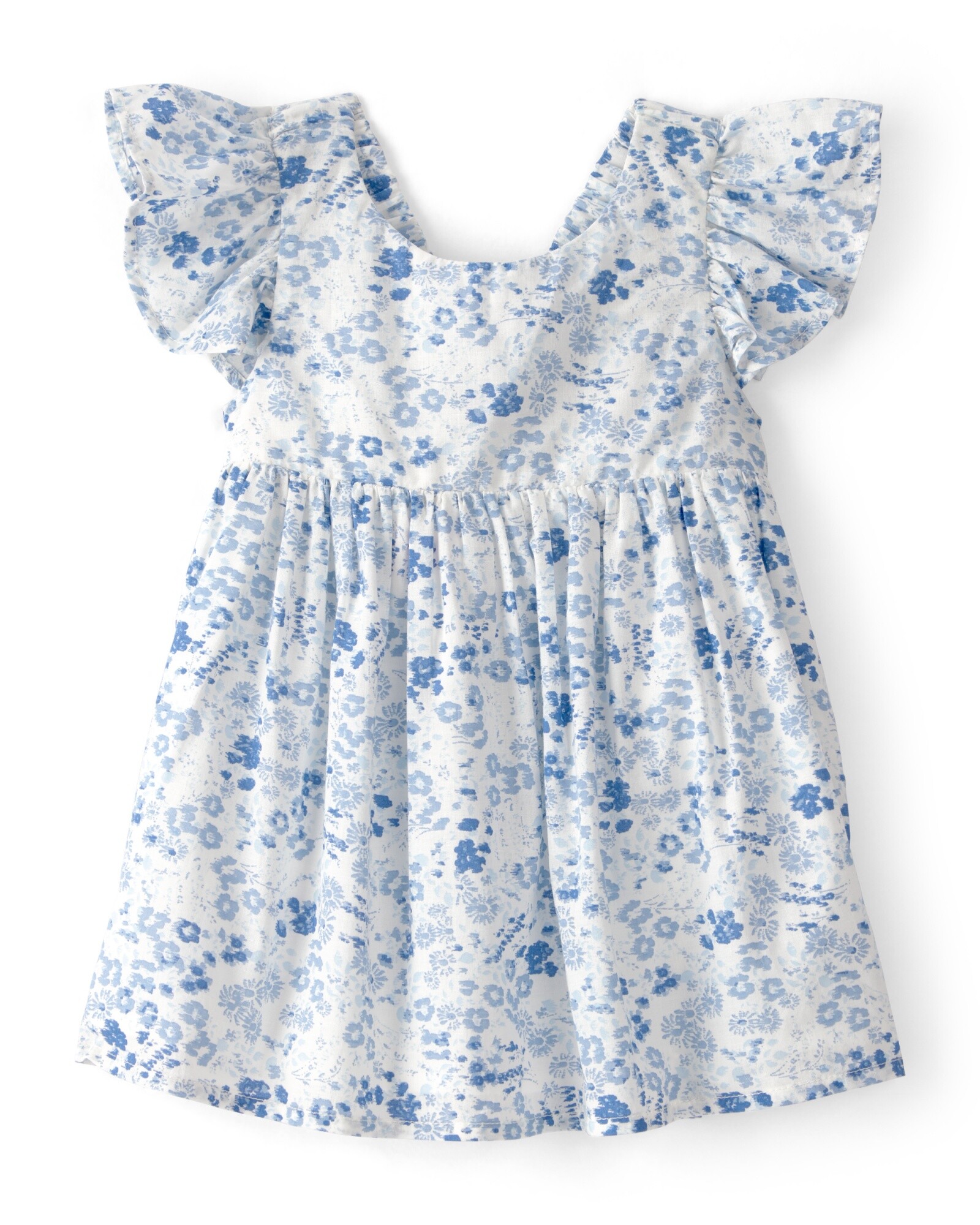Vestido de algodón, mangas con volados, blanco y azul, diseño floral Sin color