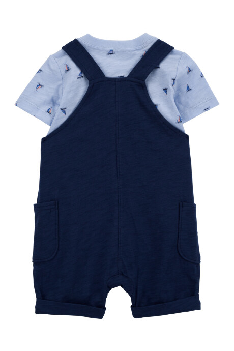 Set tres piezas de algodón, enterito corto, remera y medias azules Sin color