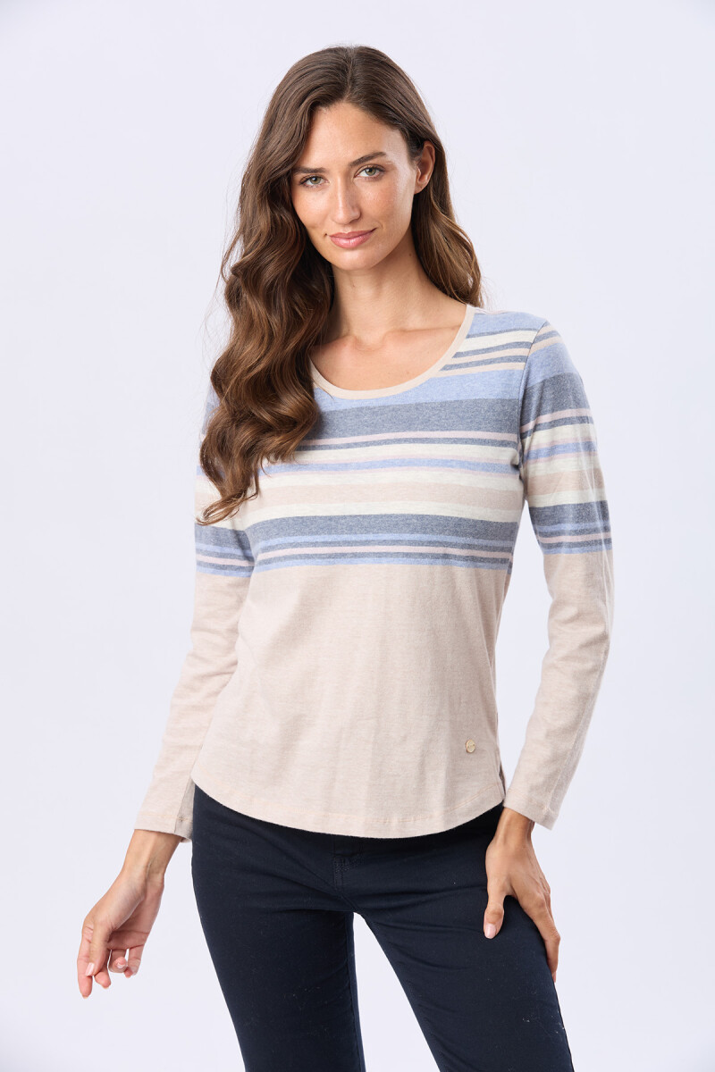 REMERA RAYADA DE ALGODÓN - Beige 