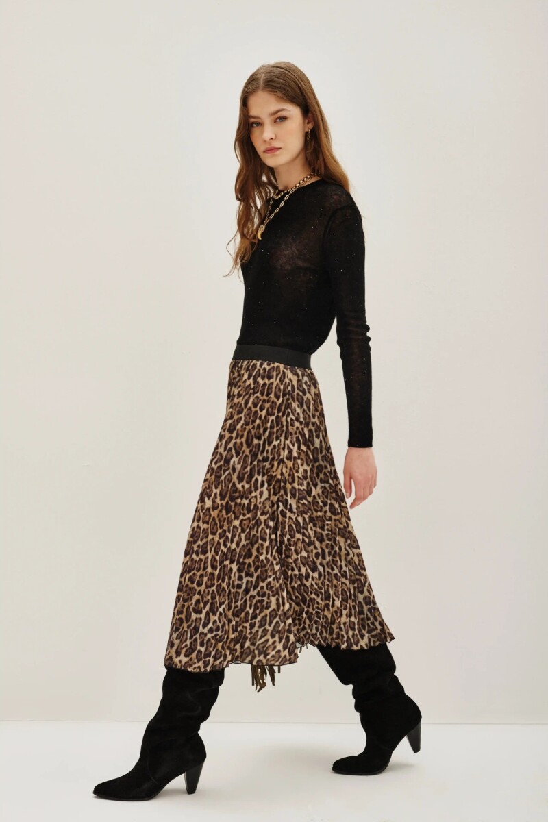 Falda Pleats Midi Leopard Marron