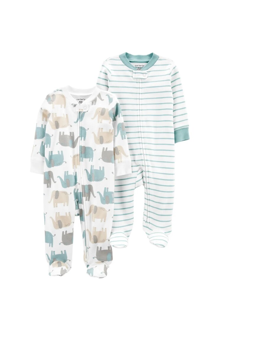 Enterito X2 algodón Carters con pie RN - Elefante Celeste Beige Striped Pastel 