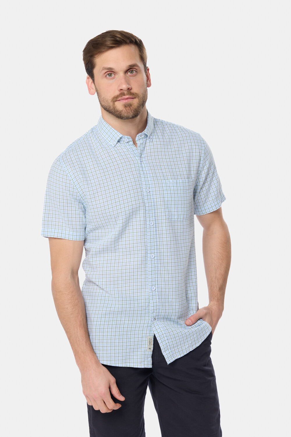 CAMISA CUADROS DE LINO Celeste