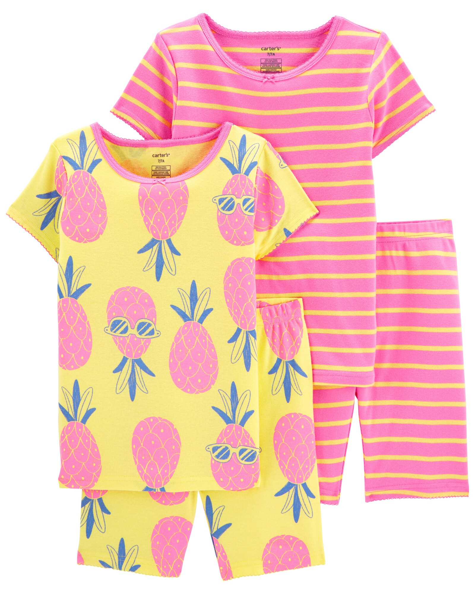 Pijama cuatro piezas de algodón, dos remeras y dos shorts, estampados Sin color