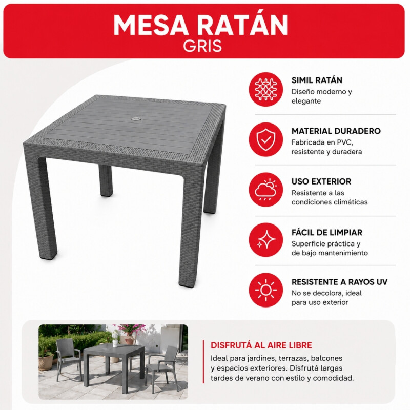 Mesa ratán 90 x 90 cm GRIS