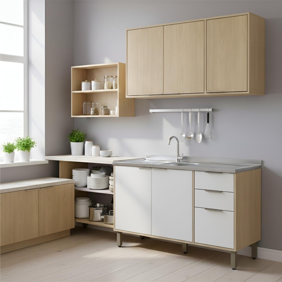 Bajo Mesada 120 cm 3 Puertas 2 Cajones y Aéreo 3 Puertas y Estantes Cocina Modular Gloria MDP 15mm y Pileta Tramontina Central 