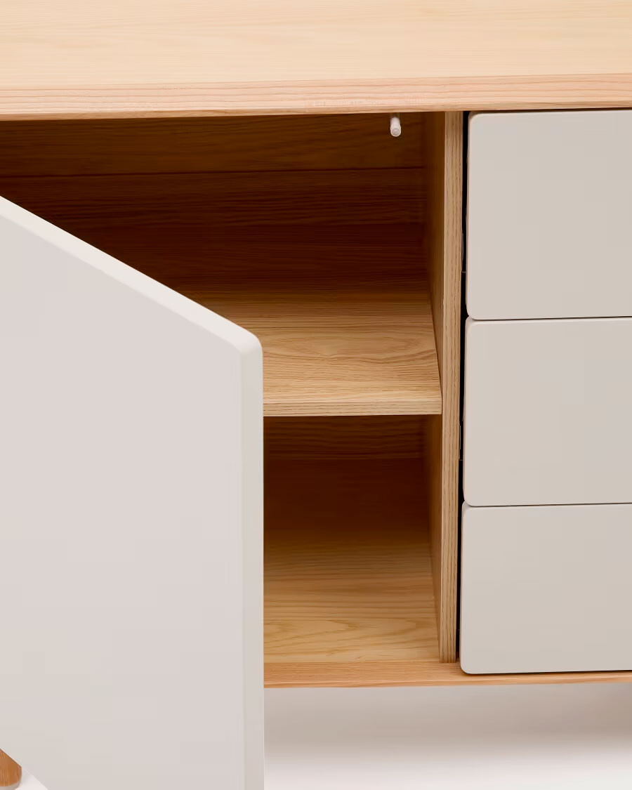 Aparador Anielle 1 puerta y 3 cajones de madera maciza y chapa de fresno 150 x 78 cm