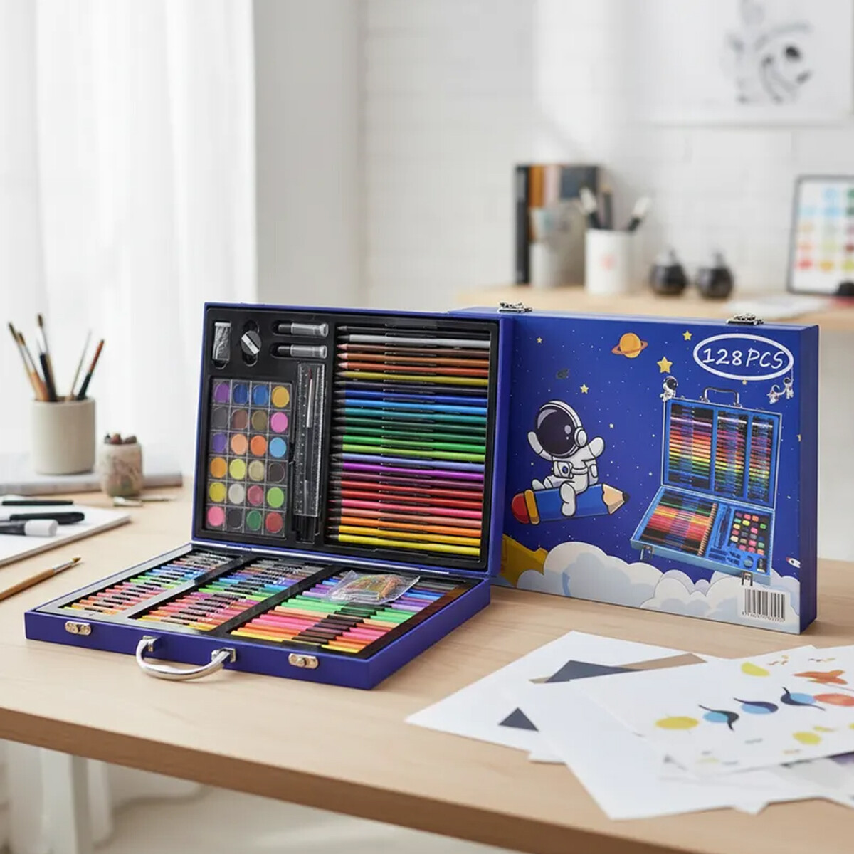 Valija infantil 128 Piezas Marcadores Lápices Crayones Madera - Azul 