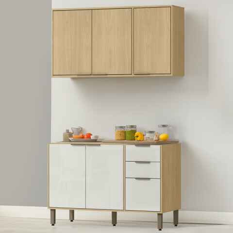 Cocina Modular Gloria Bajo Mesada 3 Puertas 2 Cajones y Aéreo 3 Puertas y Estantes MDP 15mm - Castaño / Off White Cocina Modular Gloria Bajo Mesada 3 Puertas 2 Cajones y Aéreo 3 Puertas y Estantes MDP 15mm - Castaño / Off White
