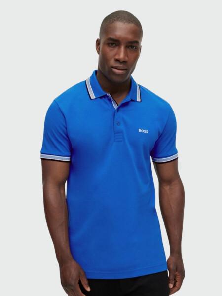 HUGO BOSS Polo de Algodón Piqué con Logo Contrastante Azul