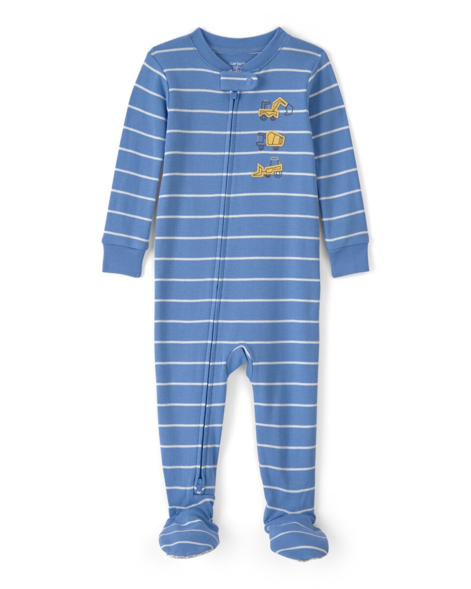 Pijama enterito de algodón con pie, azul, estampa camiones de construcción. Talles 2-5T 