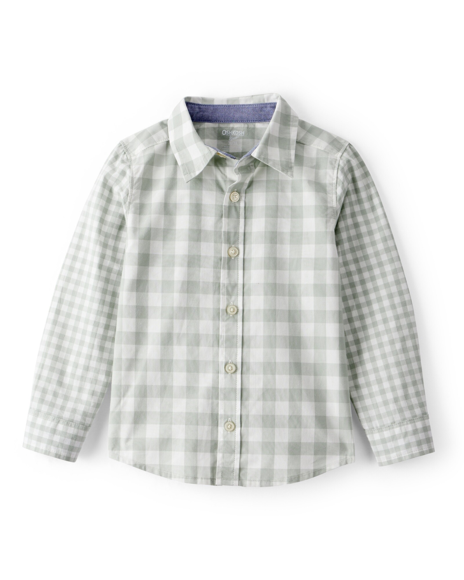 Camisa de algodón, manga larga, verde, diseño a cuadros Sin color