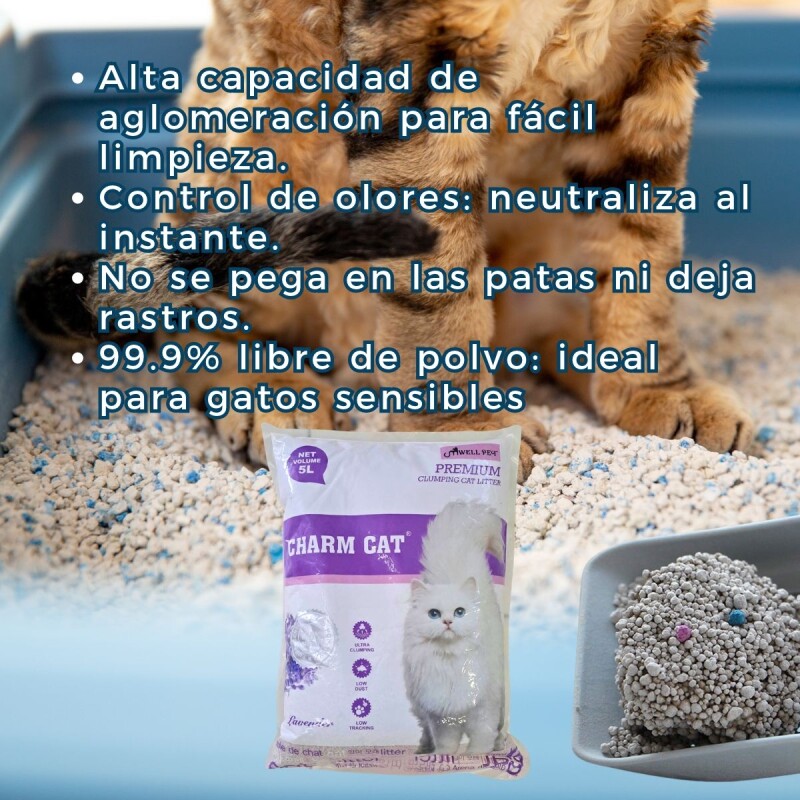ARENA SANITARIA AGLOMERANTE CHARM CAT PREMIUM BAJO POLVO SIN OLORES PACK 8 KG LAVANDA