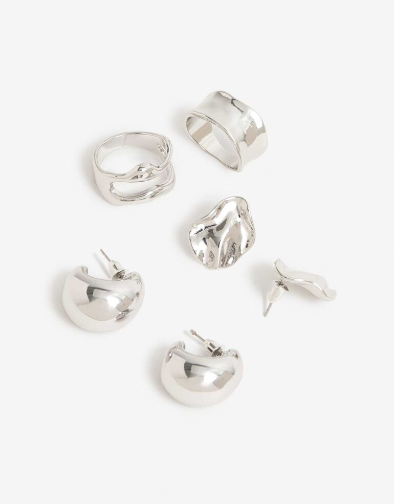 Bijouterie Set Metal Set De Anillos Y Aros Metal - Plateado Rodio