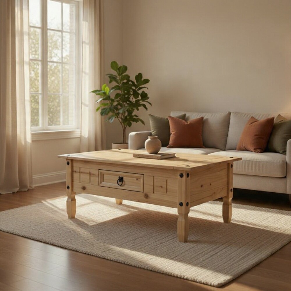 MESA RATONA LIVING DE CENTRO CON CAJÓN EN MADERA MACIZA - LÍNEA MEXICANA COLOR MADERA