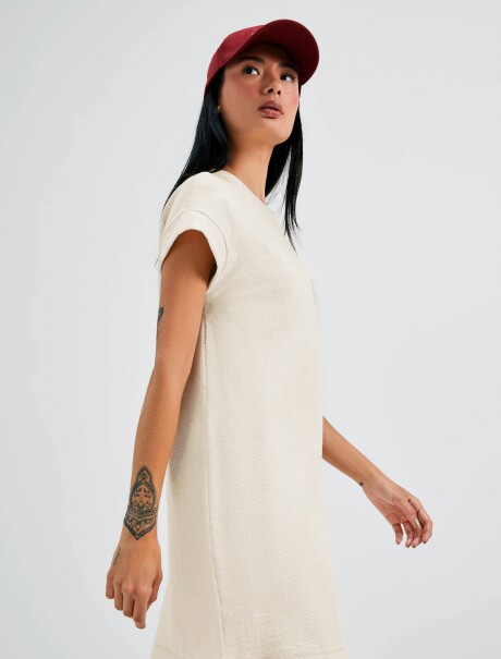 VESTIDO BÁSICO FEMENINO MANGA CORTA CON BOLSILLO BEIGE