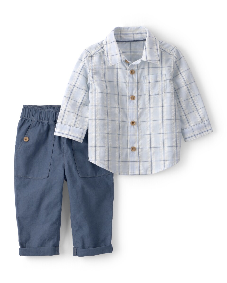 Set dos piezas de algodón, pantalón y camisa a cuadros, azul 