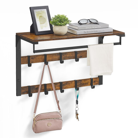 SONGMICS Perchero de Pared con Estante y 10 Ganchos Extraíbles – Para Entrada, Dormitorio o Baño Sin Color