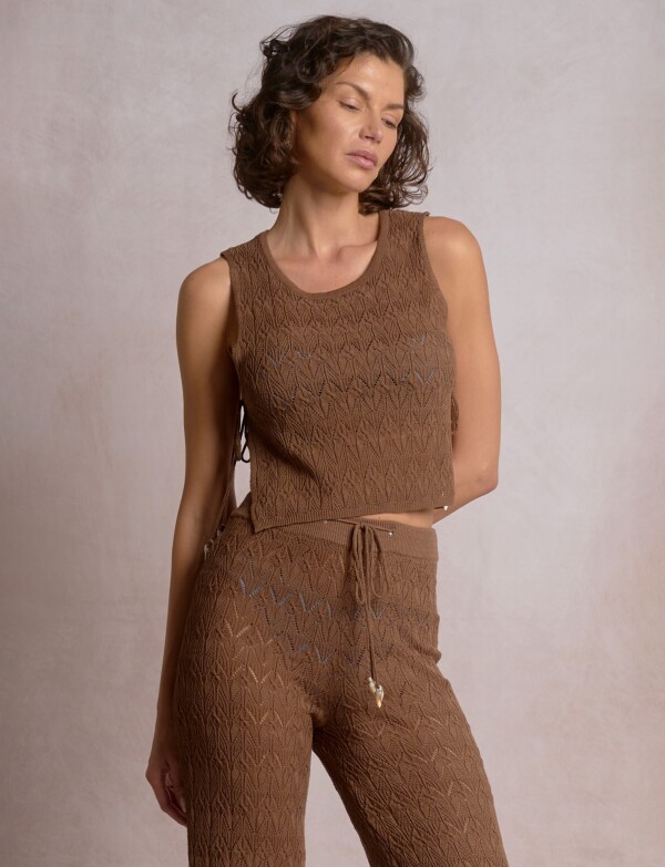 Top Crop Boho Calado Con Lazos Laterales MARRON
