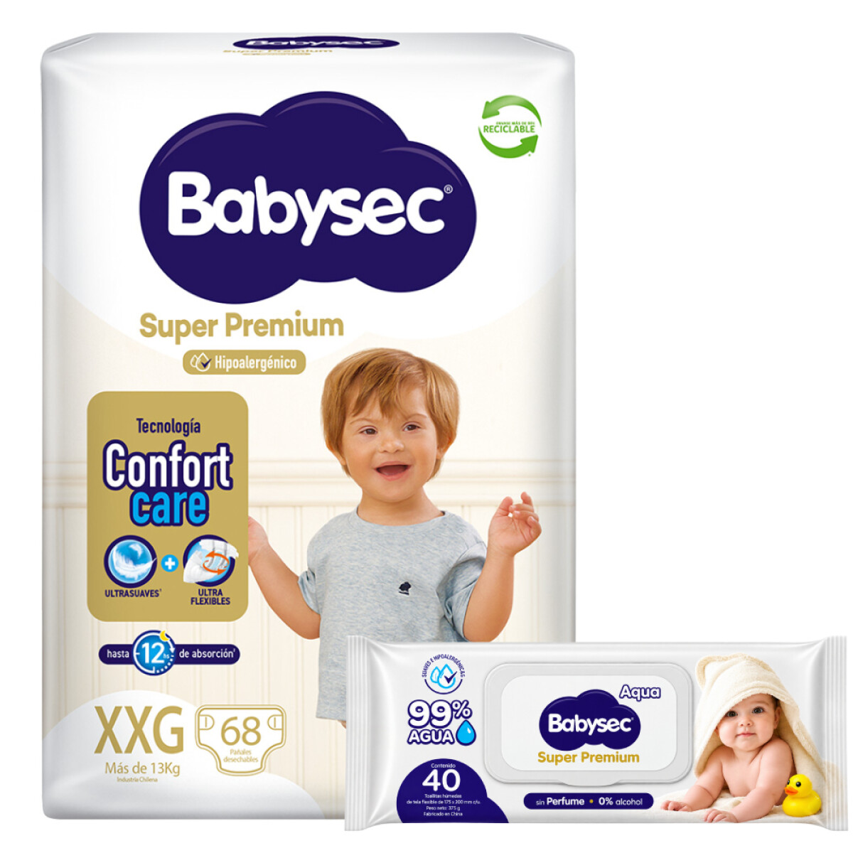 Pack Pañales Babysec Super Premium XXG 68 Unidades x2 + Toallitas Cuidado Sensible 