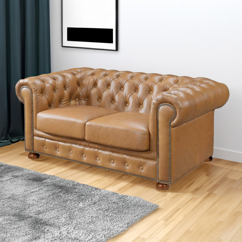Sillón 100% Cuero - 2 Cuerpos - Chesterfield Camel