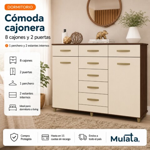 Comoda Cajonera de 8 cajones 2 puertas 1 perchero y 2 estantes internos para Dormitorio o Living - FE - Rustico / Champan Comoda Cajonera de 8 cajones 2 puertas 1 perchero y 2 estantes internos para Dormitorio o Living - FE - Rustico / Champan