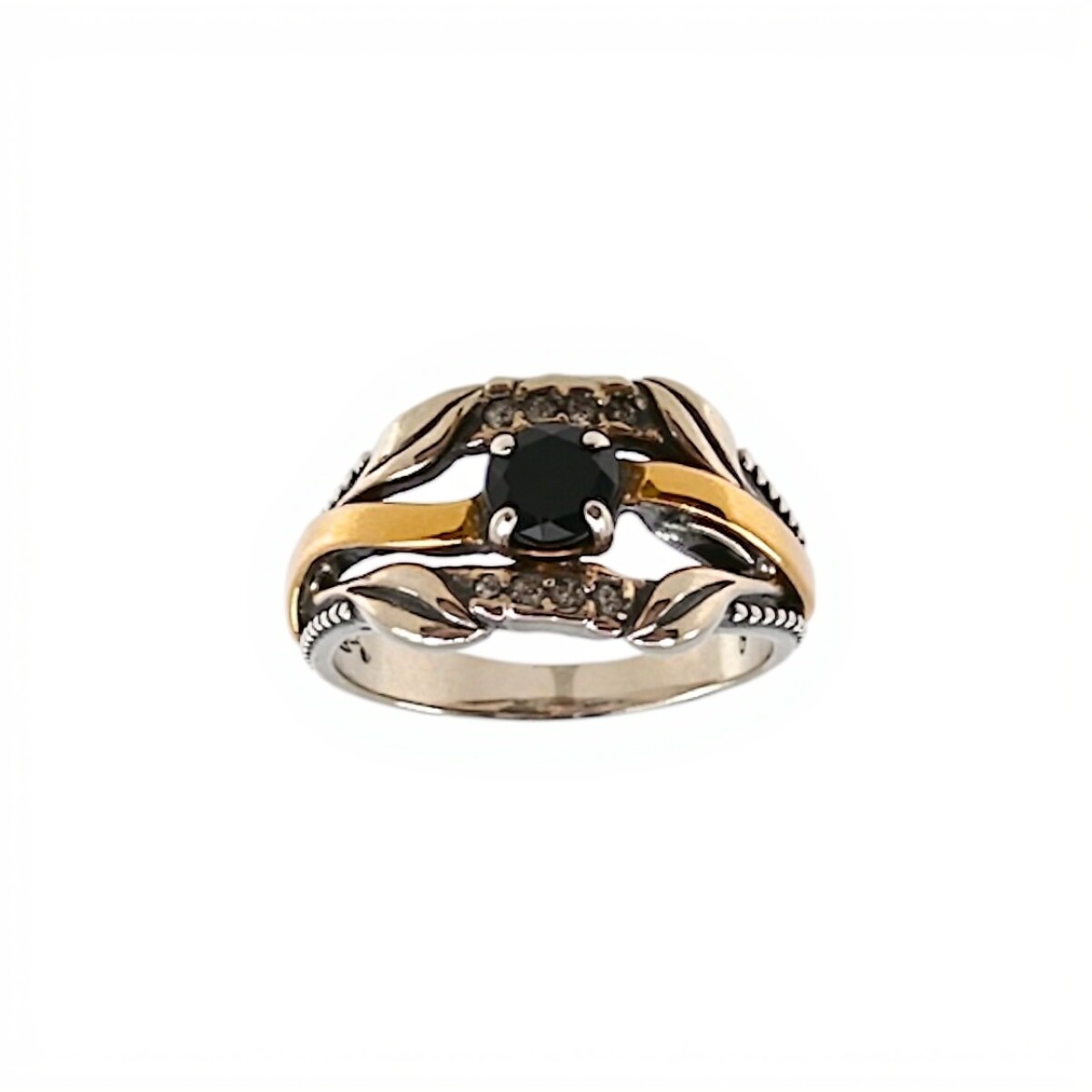 Anillo Labrado-Plata y Oro-Piedra Onix y Zirconia-AN5194 - conpiedra 