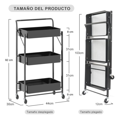 Carro Plegable Organizador Multiuso 3 Estantes Con Ruedas Negro