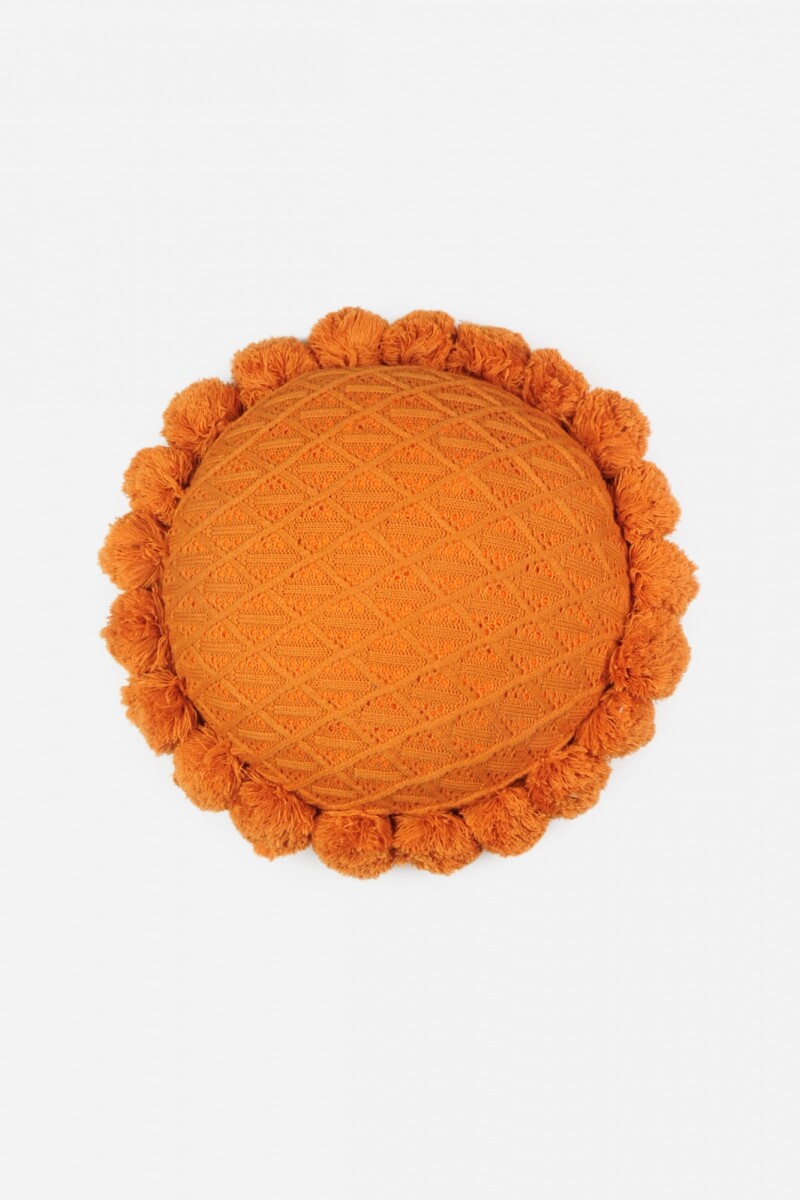 Almohadon circular tejido con pompones naranja