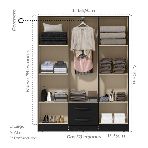 Combo Armario 6 Puertas, Respaldo, Mesas de luz - MDP - Negro Combo Armario 6 Puertas, Respaldo, Mesas de luz - MDP - Negro
