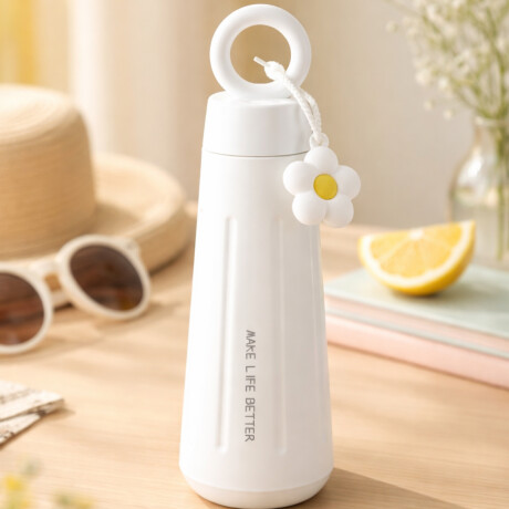 Botella térmica de acero con asa y colgante de flor 450ml Blanco