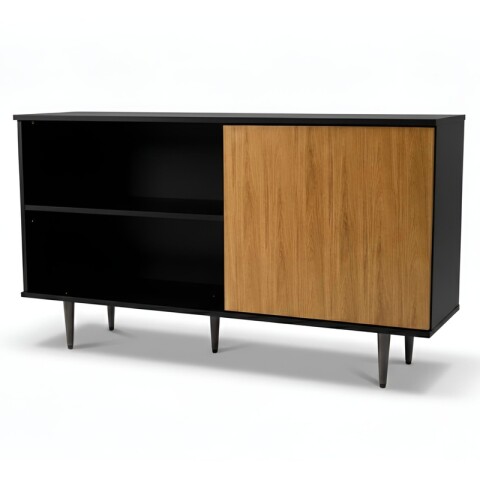 Mueble Rack de Tv PADUA de Piso con Puerta y Estantes 136 cm de Ancho - Negro / Freijo Mueble Rack de Tv PADUA de Piso con Puerta y Estantes 136 cm de Ancho - Negro / Freijo