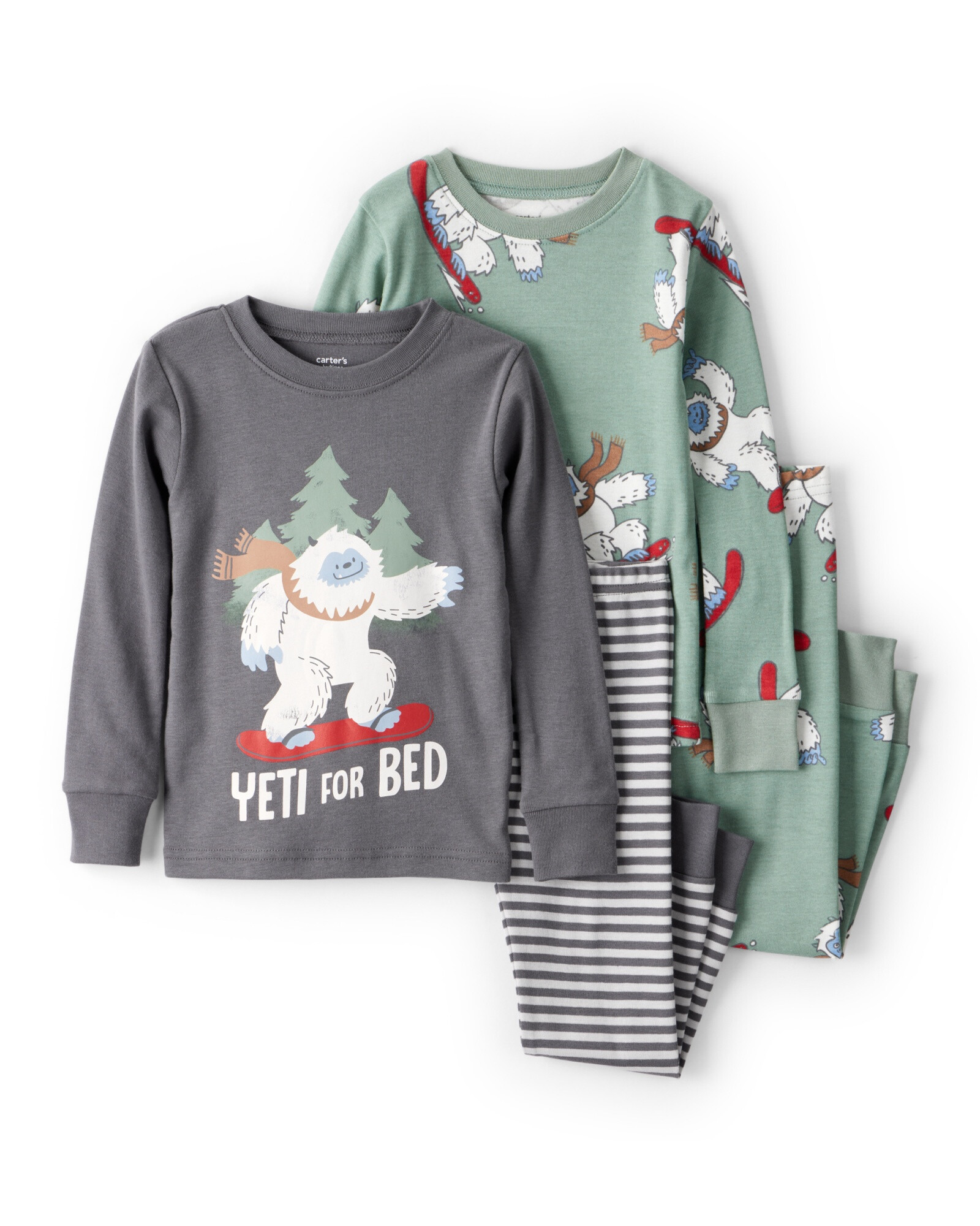 Pijama cuatro piezas de algodón, dos remeras manga larga y dos pantalones, diseño Yeti Sin color