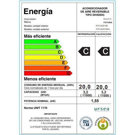 AIRE ACONDICIONADO BLANCO 12000 BTU FUT-ACS12K