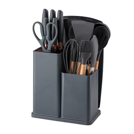 Set Cocina Menage 19Pz Utensillos Cuchillos Tabla c/Soporte Gris