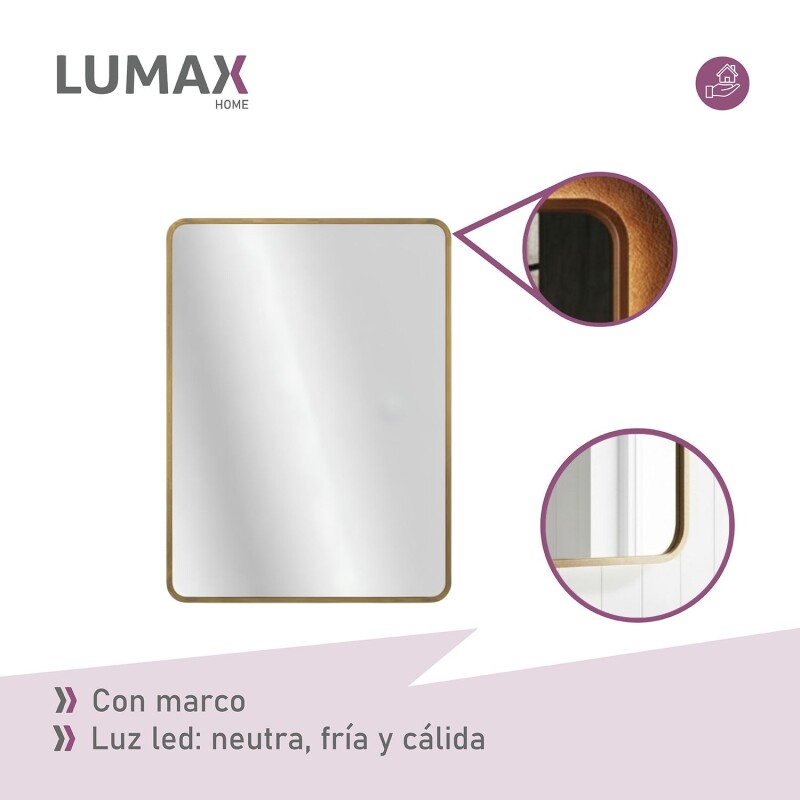 Espejo Vertical Lumax Suleban c/marco y luz 90x70cm Dorado